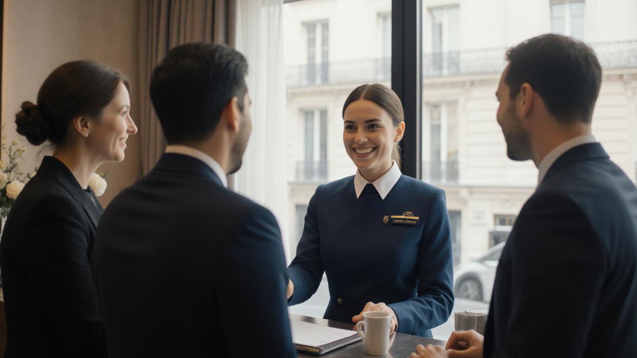 Réceptionniste d'un hôtel de luxe à Paris accueillant des clients avec professionnalisme