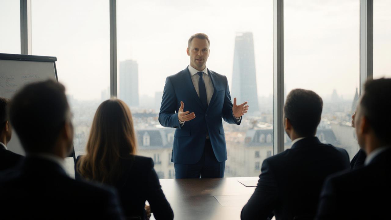 Professionnel parisien animant une présentation commerciale en anglais