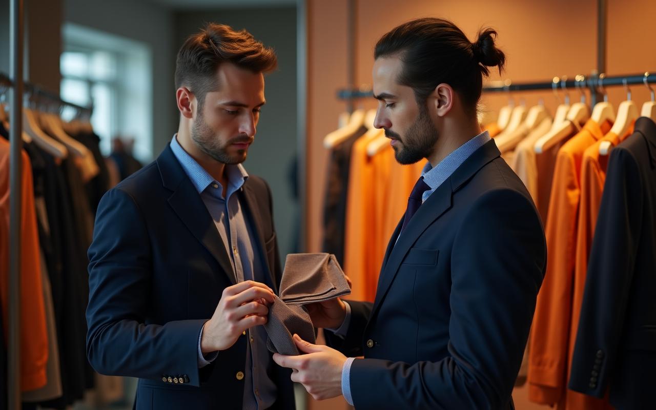 Professionnels en réunion de négociation dans un showroom de mode parisien